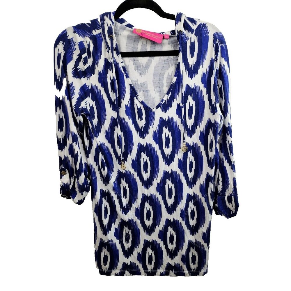 Macbeth Collection Womens Hoodie XS Blue White Abstract Art Tab Sleeve Pullover